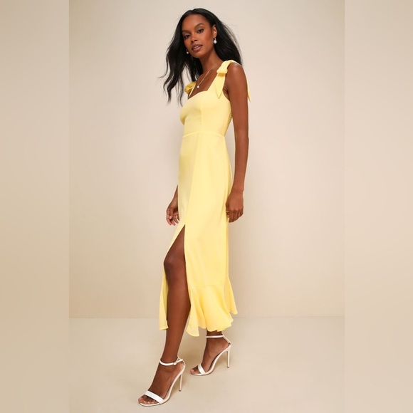 LULU’S Summer Invite Yellow Tie-Strap Tiered Midi Dress - Picture 2 of 6